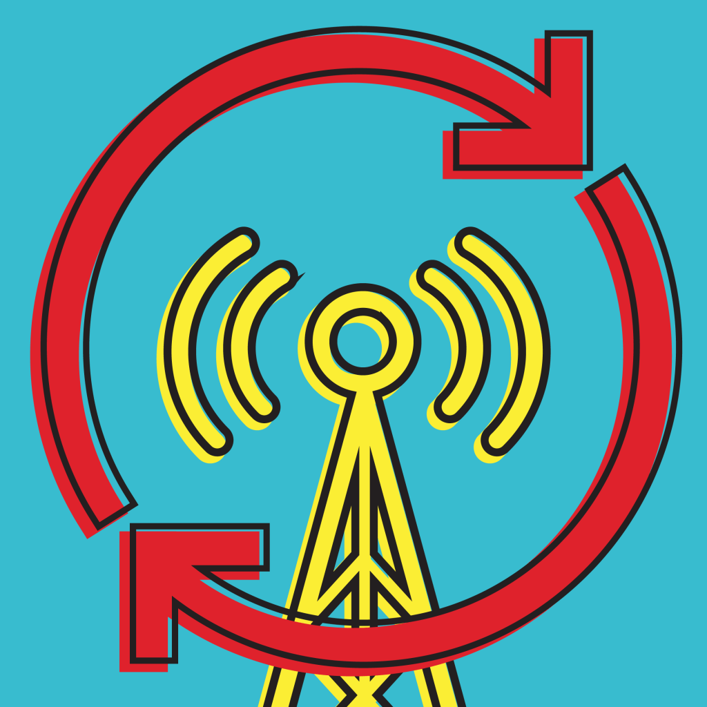 Illustration of a yellow radio tower with signal waves, encircled by red arrows on a blue background