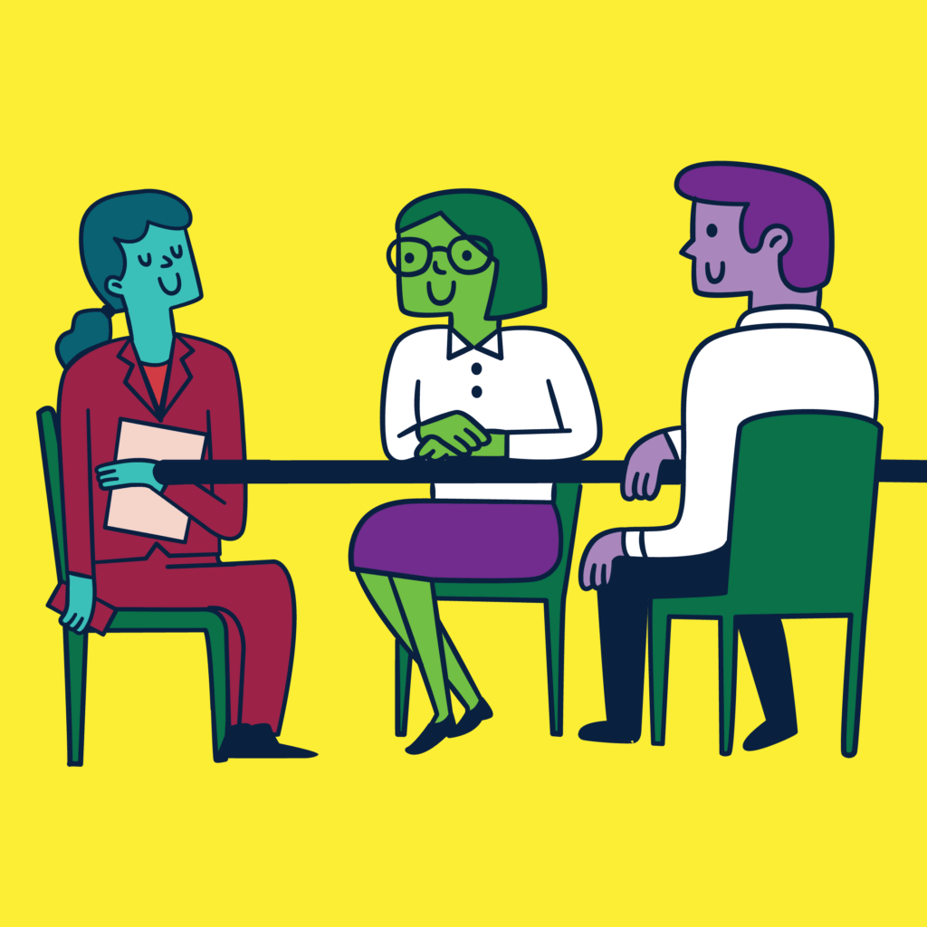 A young person with long hair in a pony tail is getting interviewed by two adults
