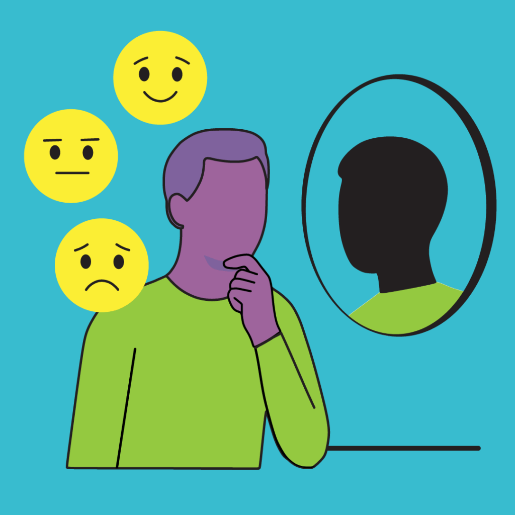 An illustration of someone looking in the mirror at their reflection, with emojis around him symbolising self-awareness