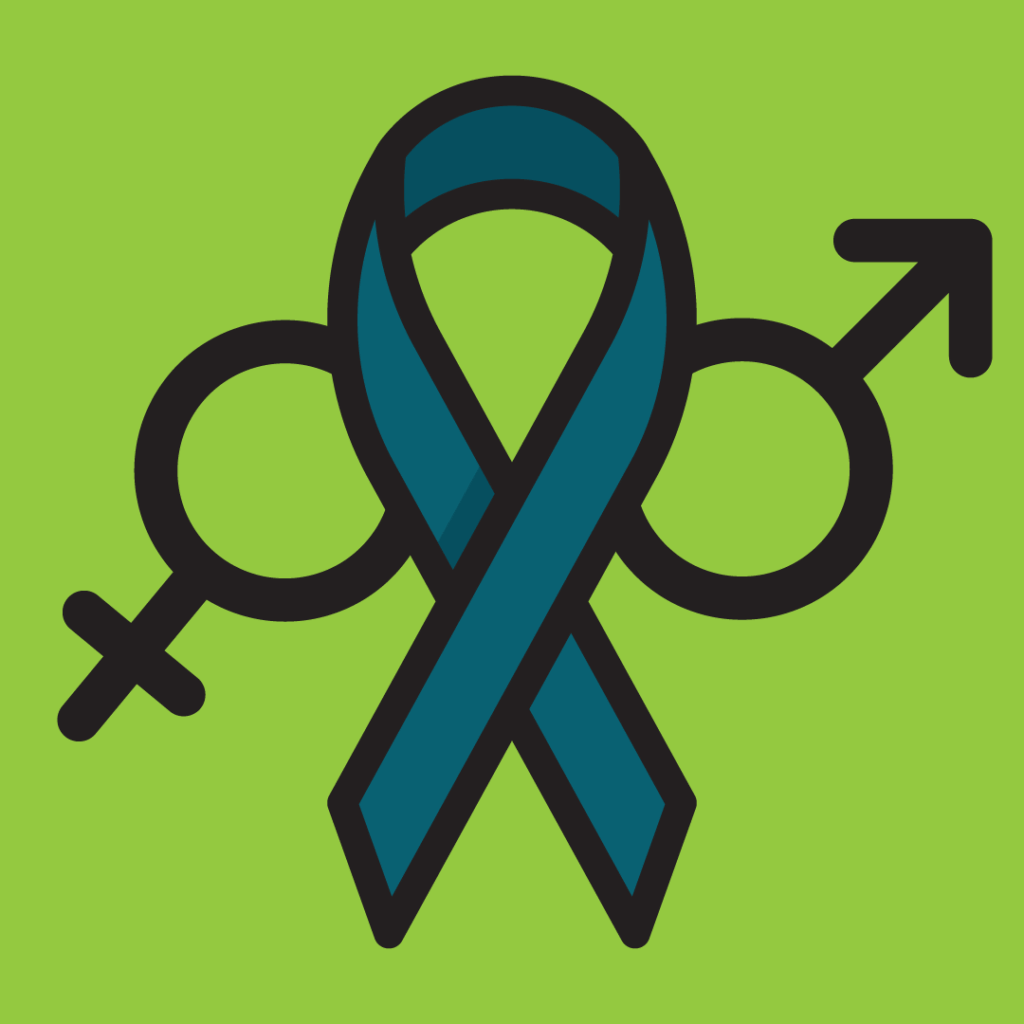 A teal ribbon and the symbol for male and female