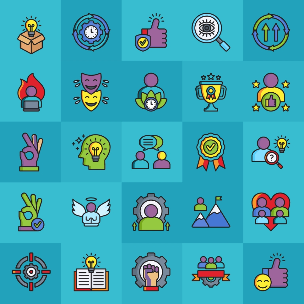 A grid featuring fifteen symbols representing different personal qualities