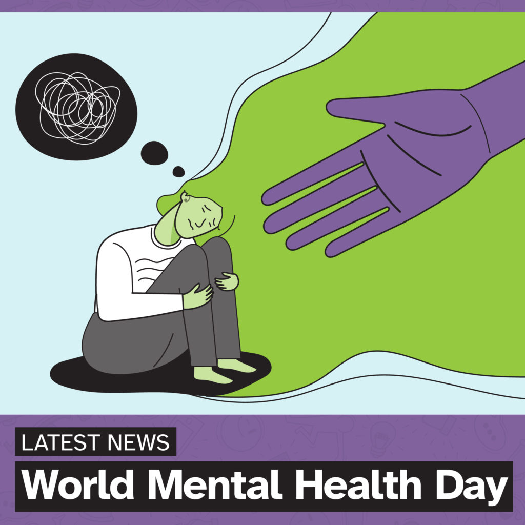 An illustration of a young woman sat on the floor looking sad,, with a hand reaching out to help her