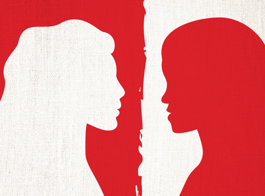 A red face and a white face in silhouette look at each other.