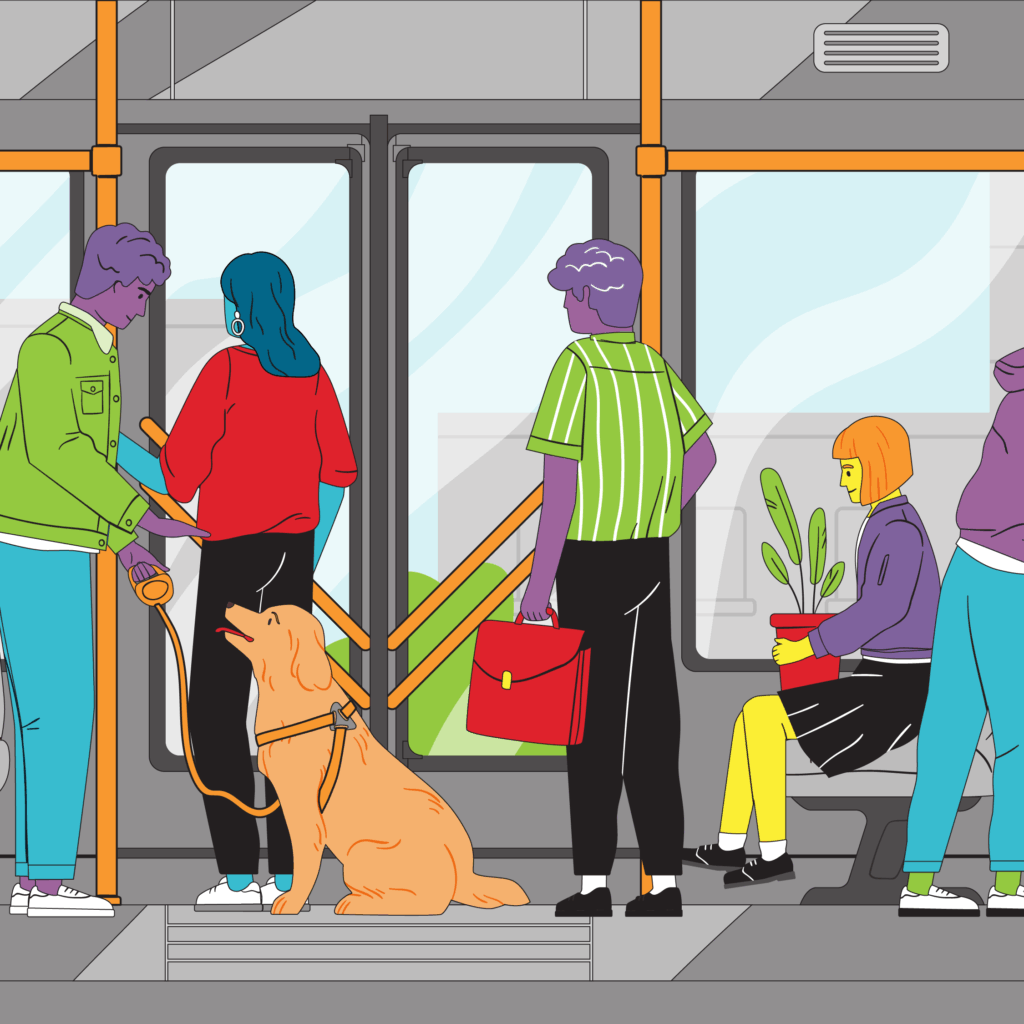 An illustration of people on busy public transport