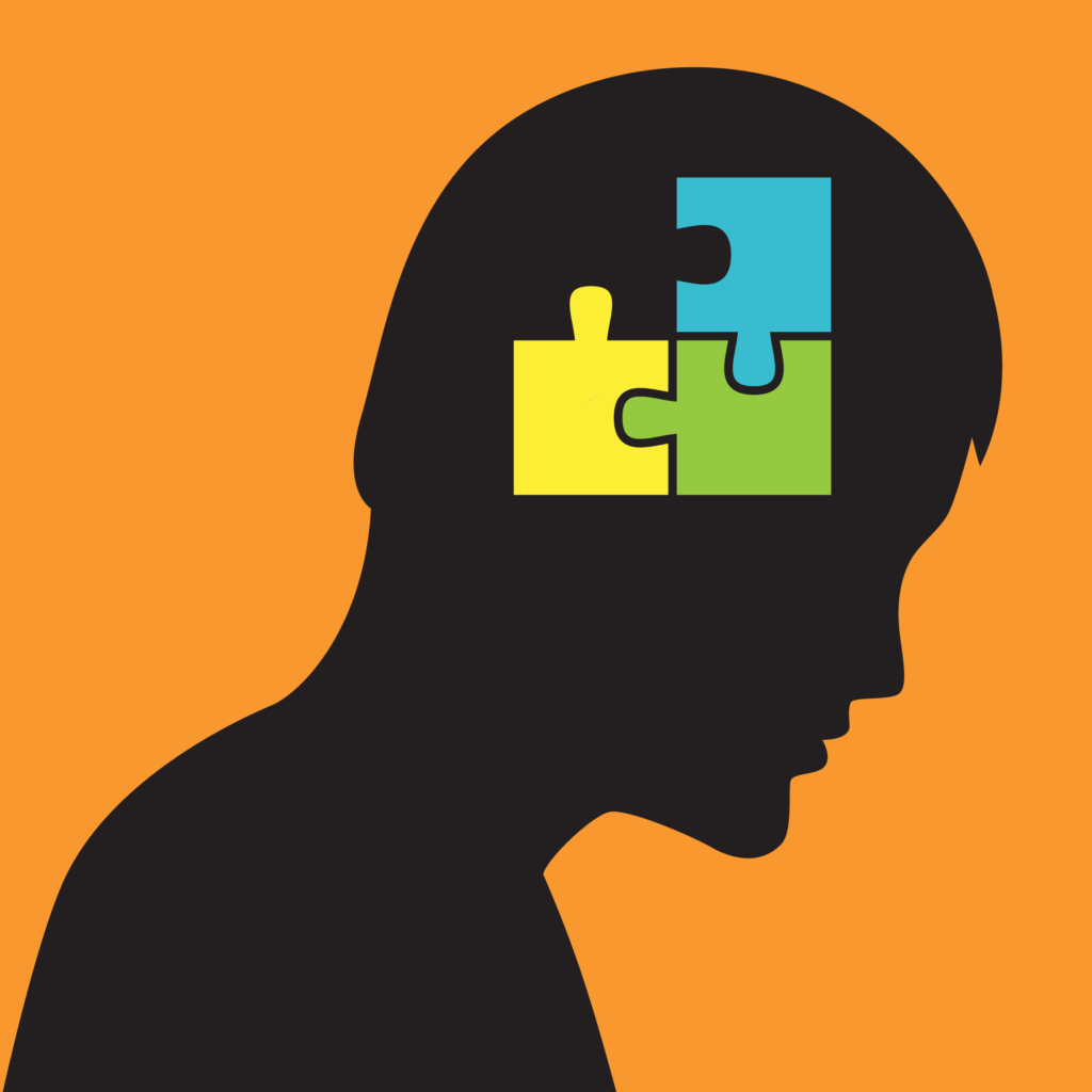 A silhouette of a man with puzzle pieces in his head.