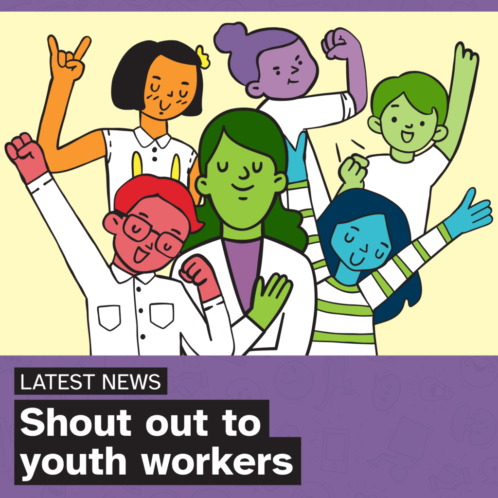 Illustrations of a youth worker surrounded by happy young people.