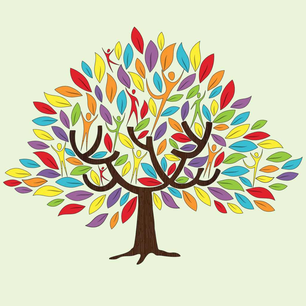 An illustration of a tree, with multi-coloured leaves and shapes of people in it.