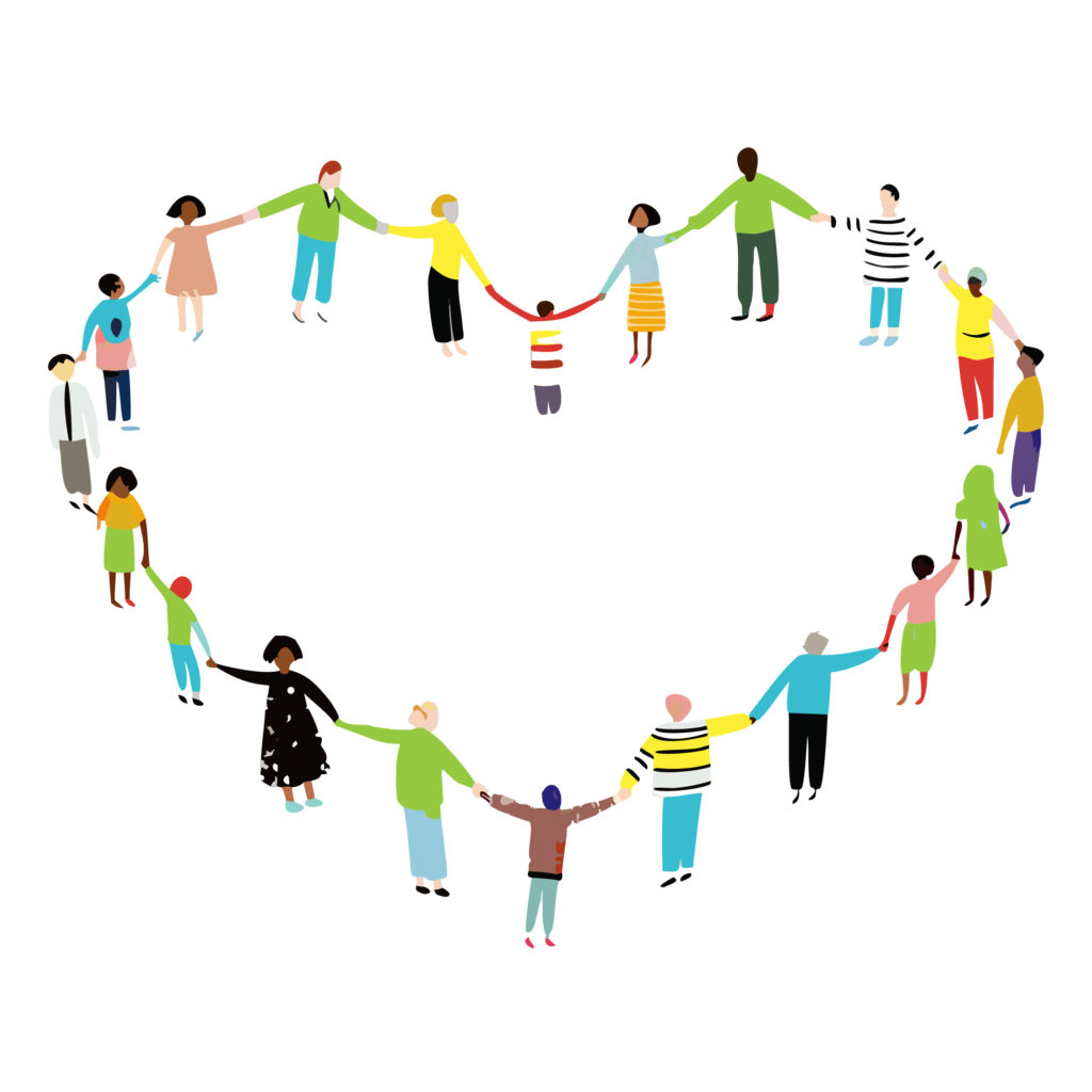 People stood holding hands forming the shape of a heart.