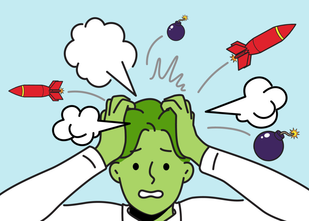 An illustration of a stressed young person with their head in their hands and bombs and missiles flying through the air.