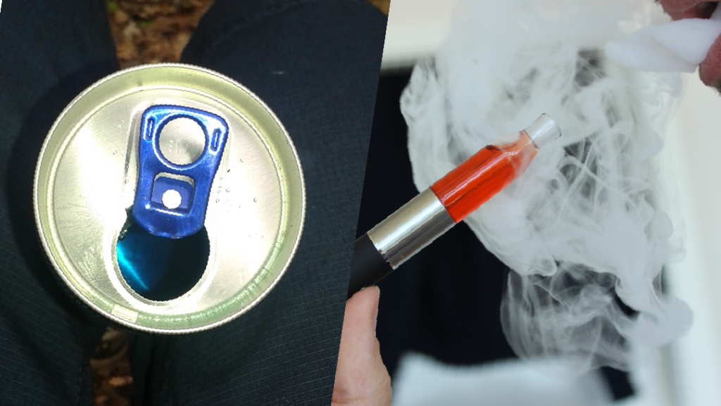 an image divided across two halves. The half on the left has a photo of the top of an energy drink can and the half on the right has a photo of someone vaping.