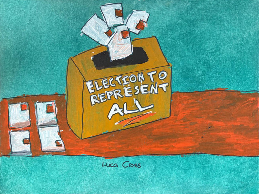 A painting of a ballot box with ballots being posted in to the top and the words 'Election to Represent All' on the front of the ballot box.