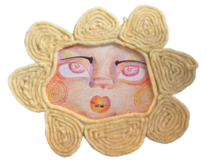 A drawing of a stylised face, with a flower made out of yarn around out it.