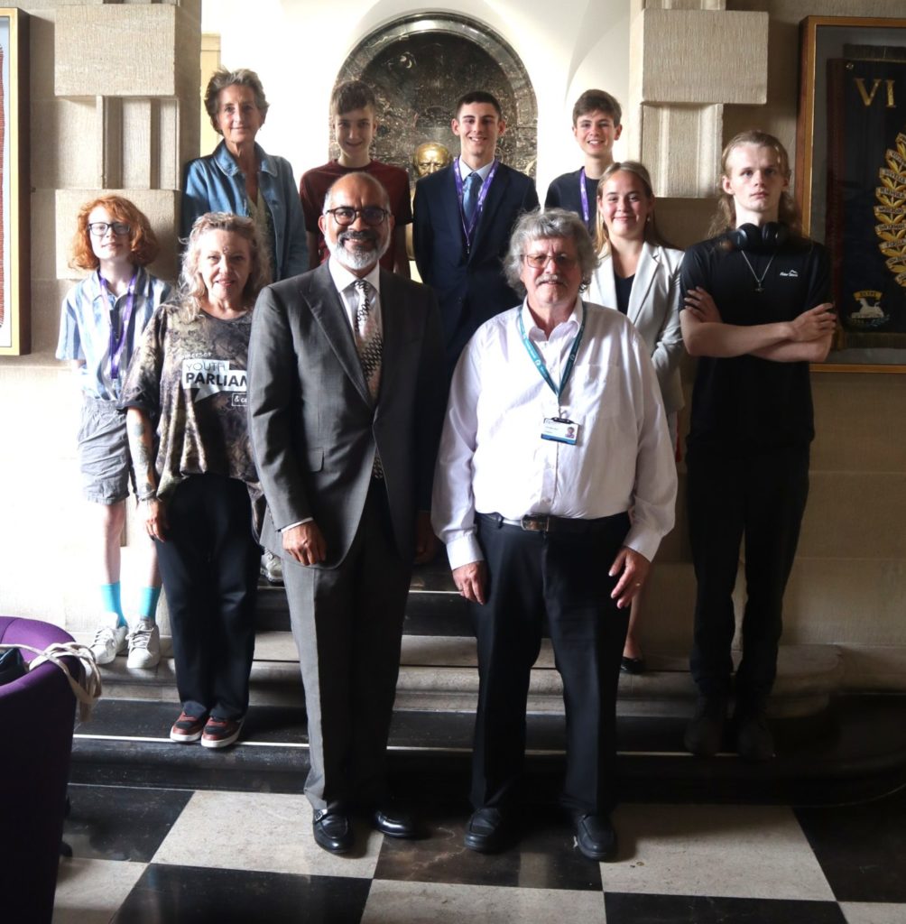 Members of Somerset Youth Parliament with Lord Lieutenant Mohammed Saddiq, Deputy Liuetenant Nicki Gething, Councillor Mike Best and Engagement and Participation Officer Kate Darlington.