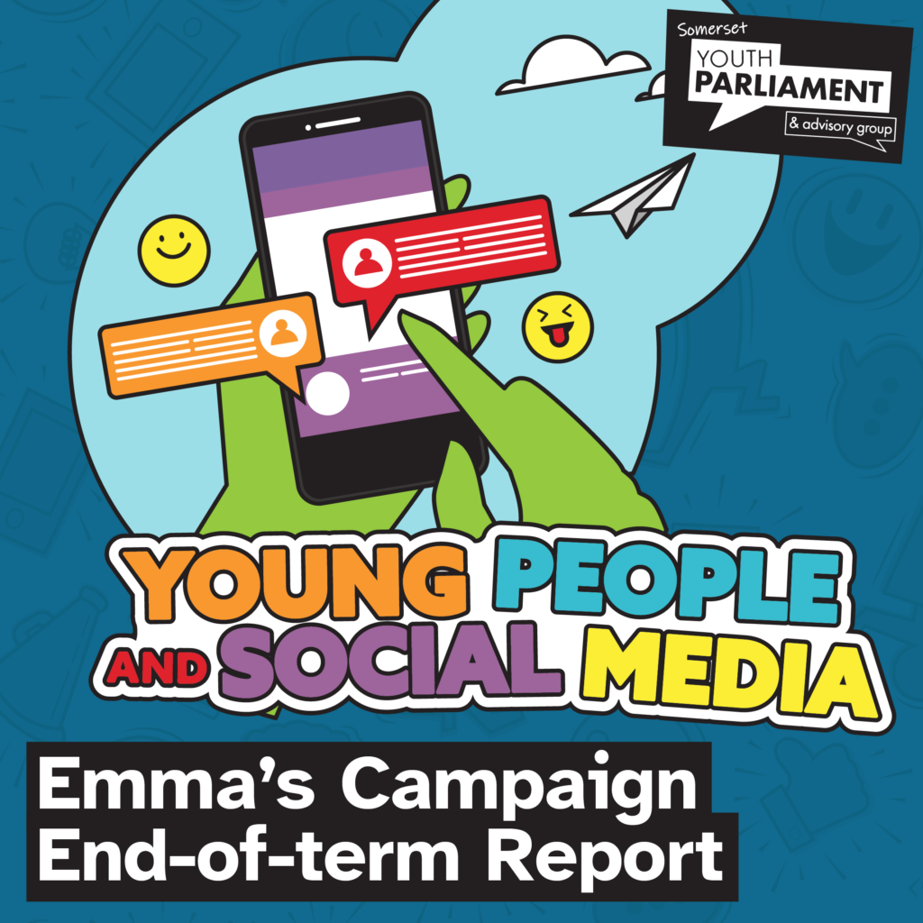 An illustrated hand looking at social media on a phone with emojis popping out.
