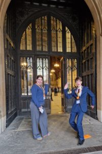 Emma and James at the entrance of the House of Commons